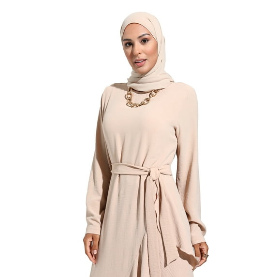 Light Beige - Crew neck - Unlined - Modest Dress - Refka