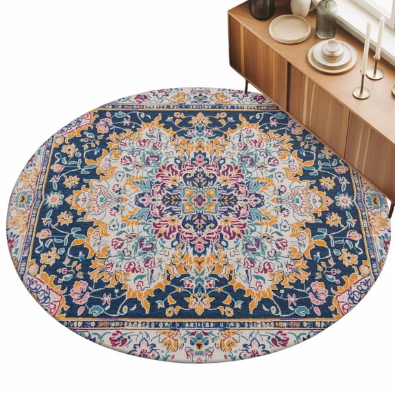 Light Beige Dark Blue Flower Area Rug, Ethnic Middle East Non-Slip Felt Rubber Backing Round Indoor Carpet Washable Rugs for Living Room Bedroom 3ft