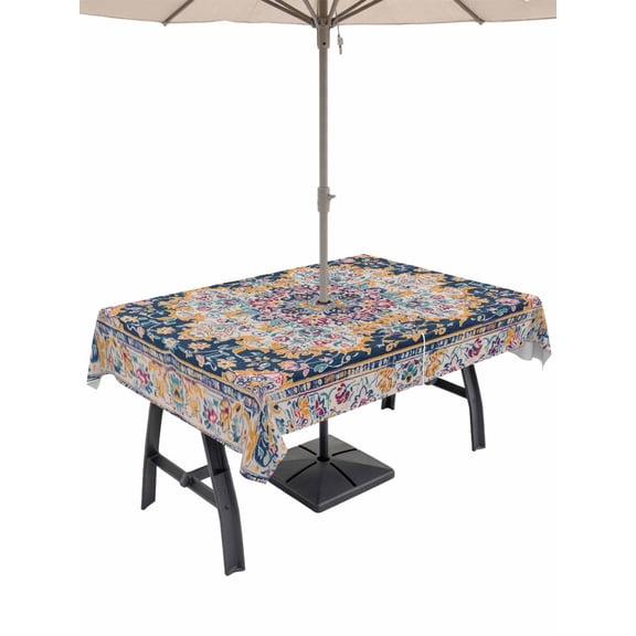 Light Beige Dark Blue Flower Outdoor Rectangle Tablecloth with Umbrella Hole 60"x102", Ethnic Middle East Waterproof Zippered Table Cloth Wrinkle Free Wipeable Desk Covers for Patio Party