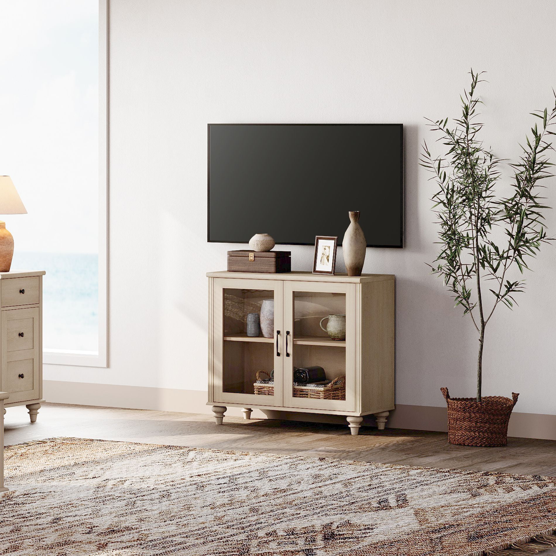 Light Beige Farmhouse TV Stand for 43 inch TV with 2 Glass Doors