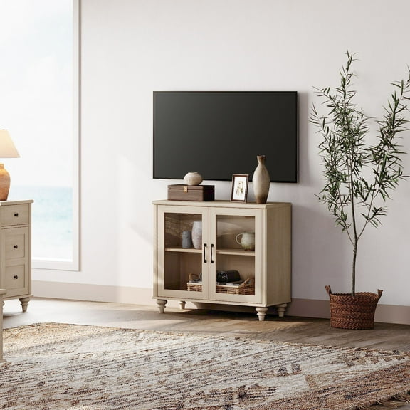 Light Beige Farmhouse TV Stand for 43 inch TV with 2 Glass Doors