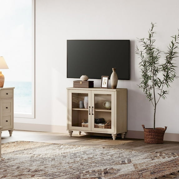 Light Beige Farmhouse TV Stand for 43 inch TV with 2 Glass Doors