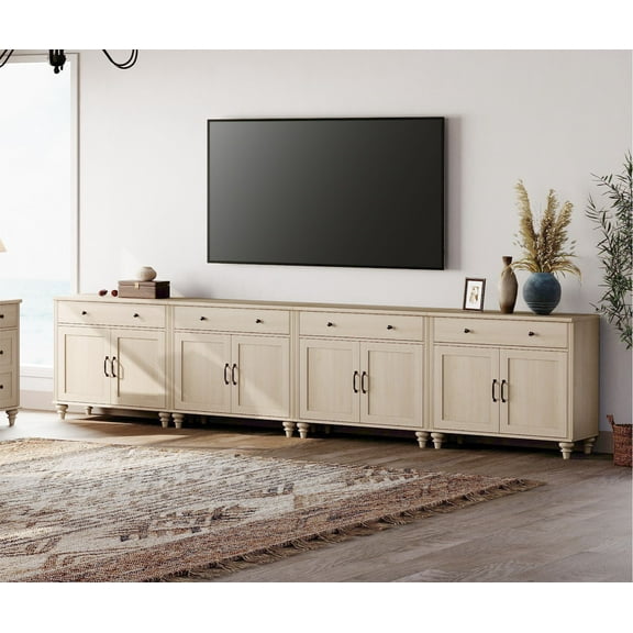 Light Beige Farmhouse TV Stand for 85 inch TV with 8 Doors and 4 Drawers
