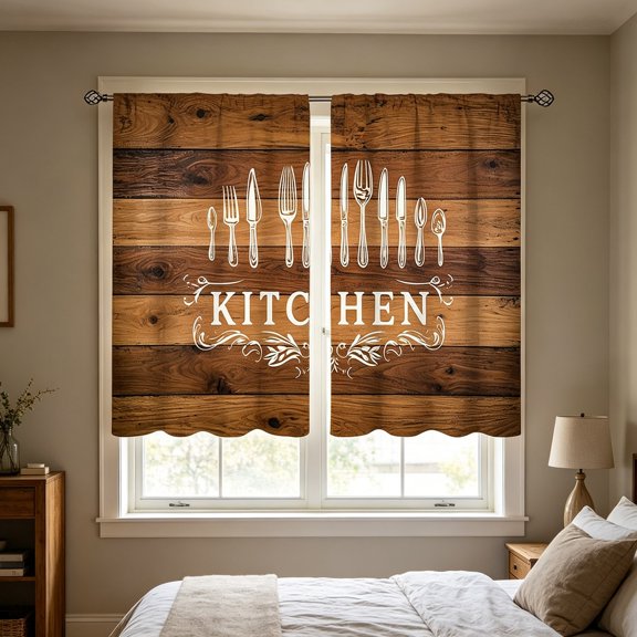 Light Beige Handwritten Coffee Bean Cup Letter Kitchen Curtain,Short Panel Window Valance for Sink,Breakfast Nook,Home Decor