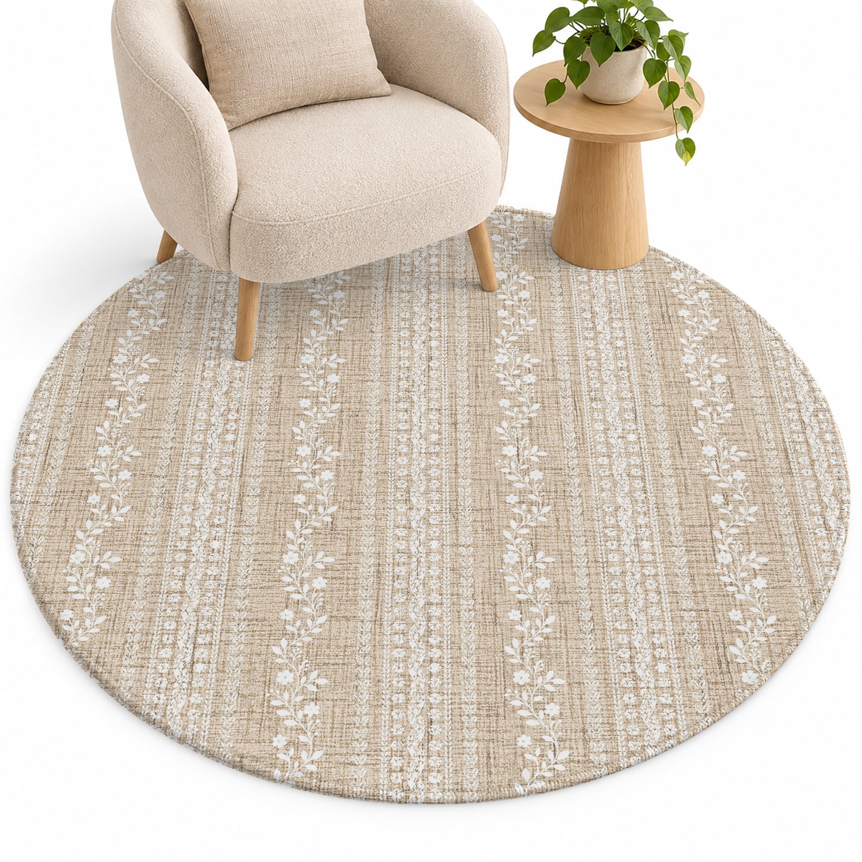 Lamp Bind Light Beige Leaf Stripe Round Living Room Rugs 4 ft, Country Farmhouse ...