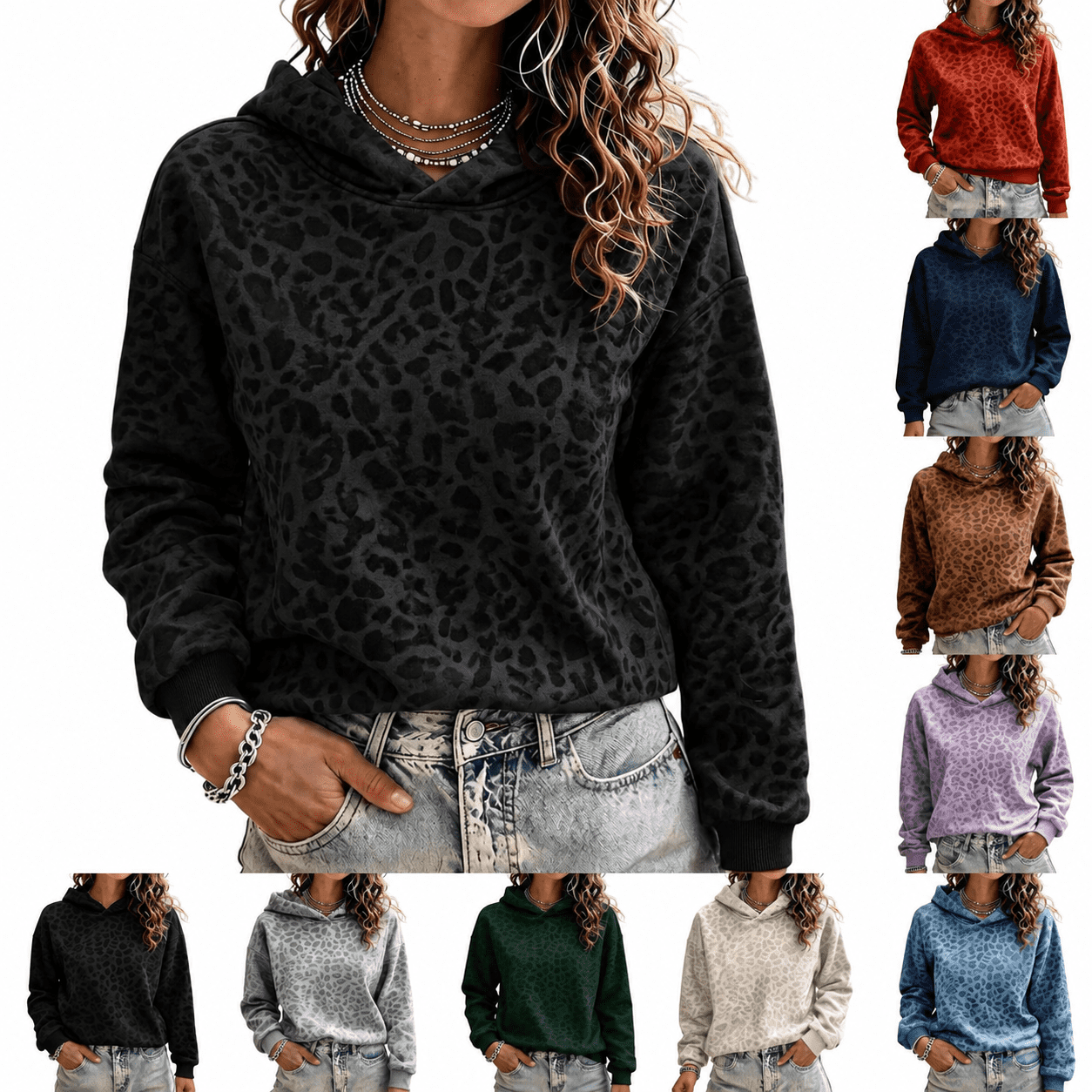 Light Beige Leopard Print Women's Hoodie, Muted Gray Pattern with Long ...