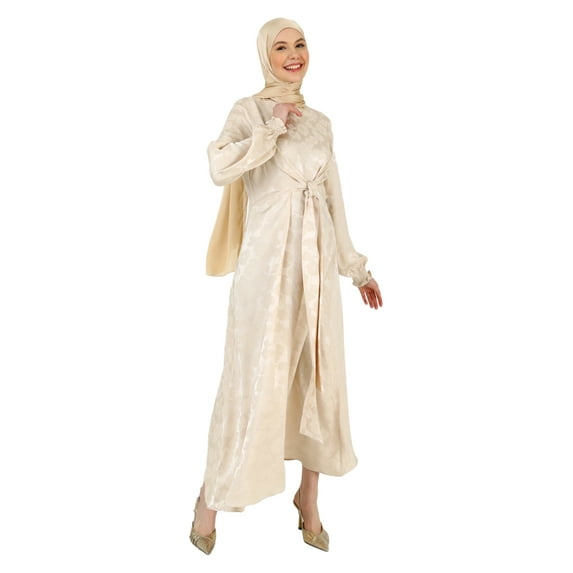 Light Beige - Multi - Crew neck - Unlined - Modest Dress - Refka