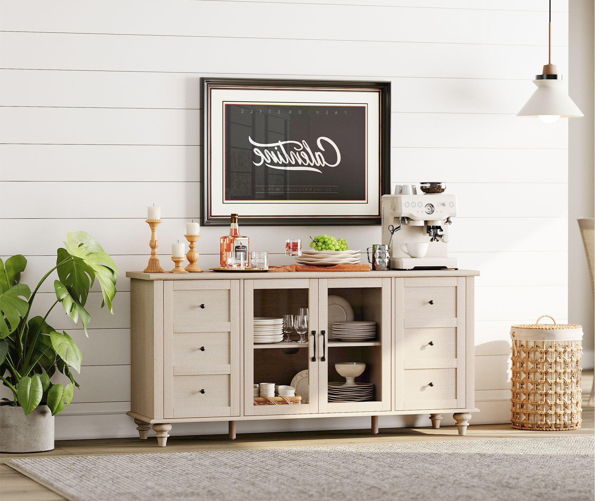 Light Beige Sideboard Buffet Cabinets with Glass Door, Kitchen Storage Cabinets, Wood Coffee Bar Tables