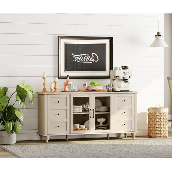 Light Beige Sideboard Buffet Cabinets with Glass Door, Kitchen Storage Cabinets, Wood Coffee Bar Tables