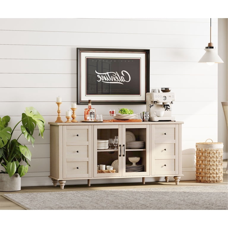 Light Beige Sideboard Buffet Cabinets with Glass Door, Kitchen Storage Cabinets, Wood Coffee Bar Tables