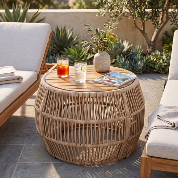 Light Beige,Teak Round Acacia Wood Side Table with Light Beige Rope Frame, Teak Finish Top, 150 Lbs Capacity, No Assembly Required, Weather-Resistant