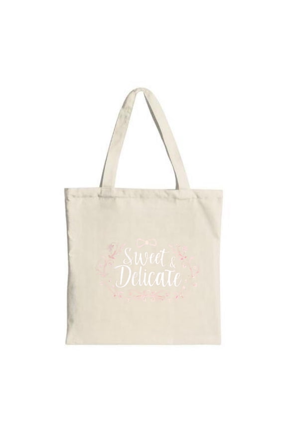 Light Beige Tote Bag with " Sweet & Delicate " in cursive adorned with floral and bow designs perfect for shopping and travel