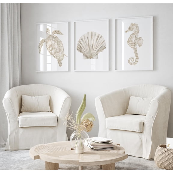 Light Beige Turtle Seahorse Shell Wall Art Print With Coastal Decor