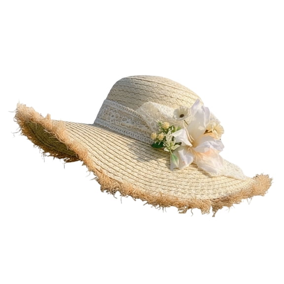 Light Beige Wide Brim Floral Straw Sun Hat, UPF 50 Beach Sun Shield Hat with Lace & Flower, Breathable Hiking Camping Hat for Women (Size/Colour as Pictured)
