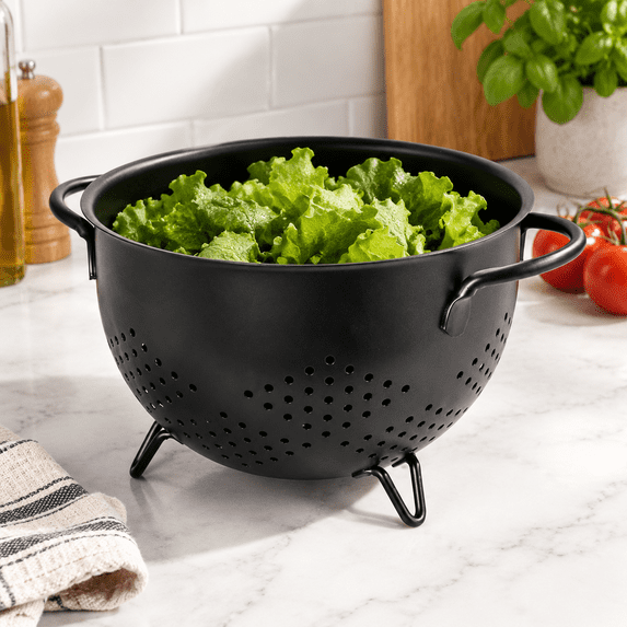 Light Black 5 Quart Metal Powder Coated Colander With Base And Handles ...