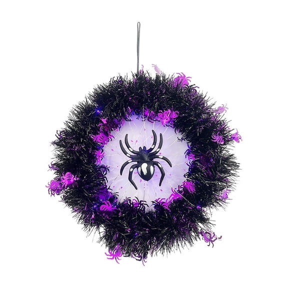 Light Up Black Purple Tinsel Spider Wreath with Timer Function,LED Glowing Halloween Front Door Wreath with Spider Ornament,Spooky Hanging Wall Wreath Decor for Porch Indoor Outdoor Halloween Party
