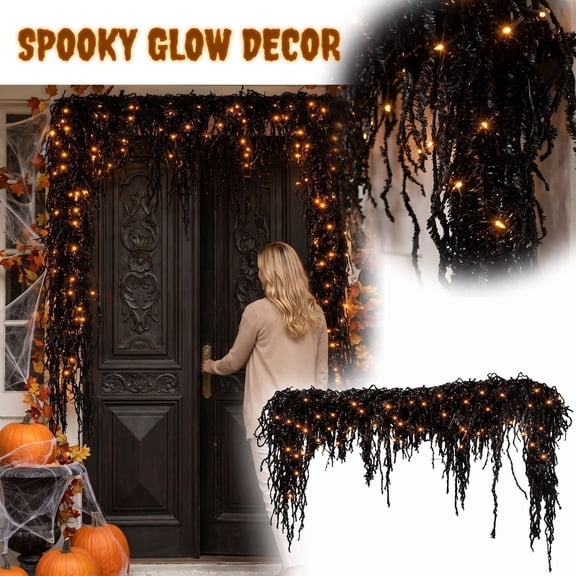 Light Up Black Rain Streamer Curtain, Spooky Horror Halloween Door Wall Decor, Multi-Size Hanging Tassel Curtain for Party Background Scene Layout.39.37 inch