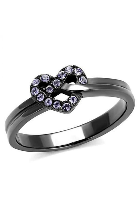 Light Black Stainless Steel and Light Amethyst Crystal Fashion Ring Womens Size 8