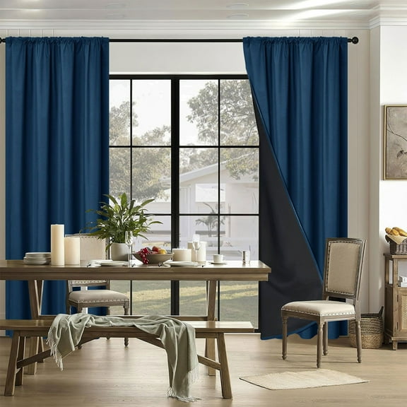 Light Blocking Curtains, Polyester Pongee, Window Curtains, Rod Pull Design, for Living Room, Sun Blocking Soundproof | Navy KTFgvq