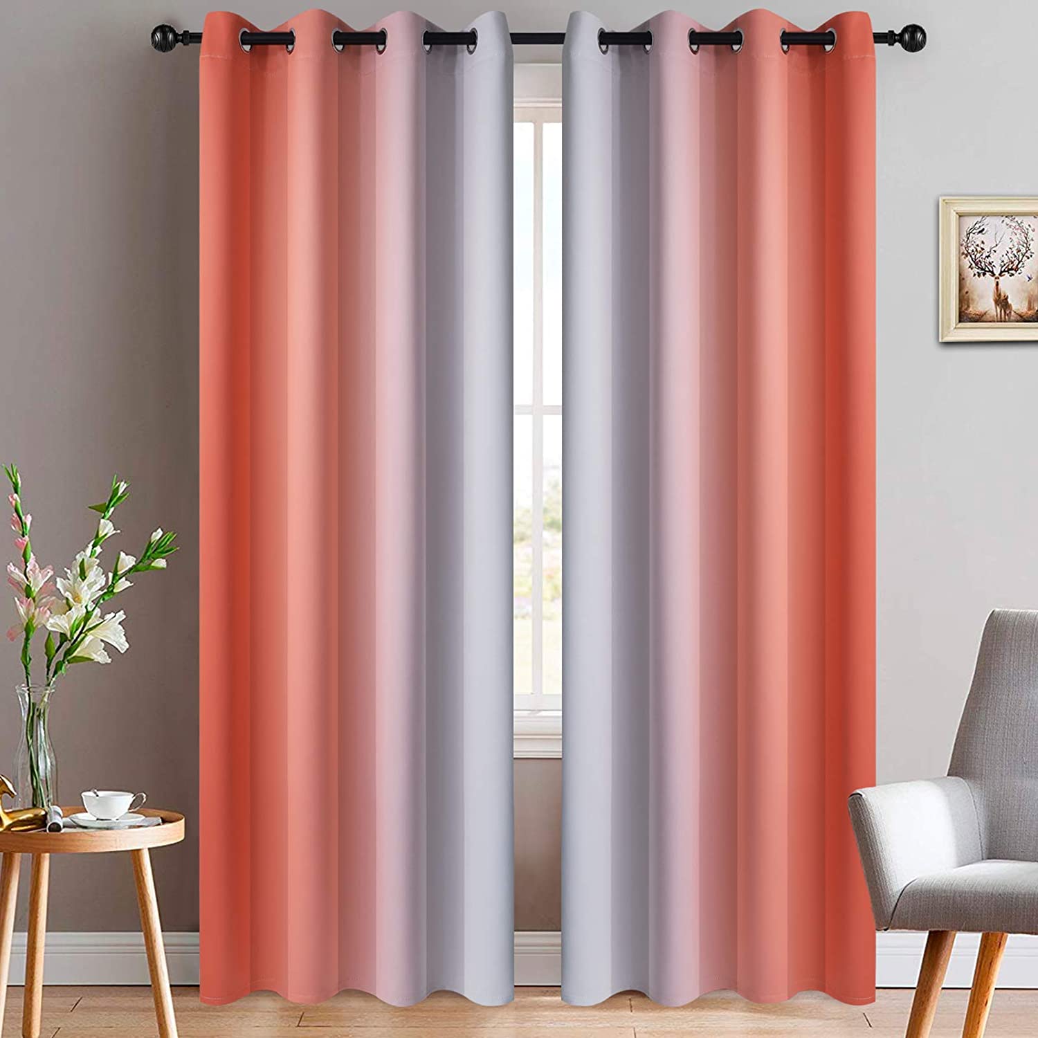 Light Blocking Ombre Curtains, Greyish White and Coral Gradient Color