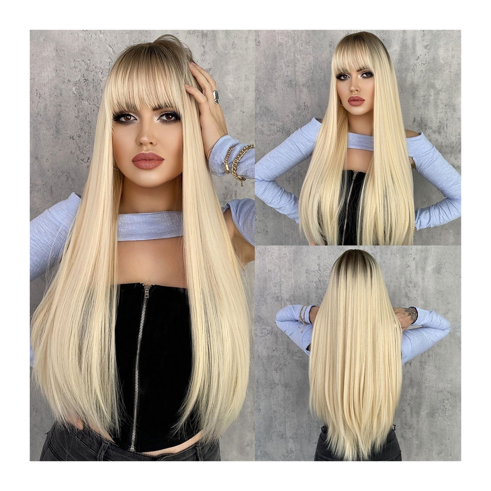 Light Blonde Long Straight Hair Women Wig with Bangs Synthetic Wig Daily Use Heat Resistant Fiber Natural Female Fake Hair