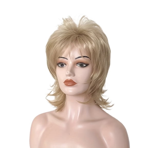 Light Blonde Short Curly Wig with Bangs Retro Mullet for Women