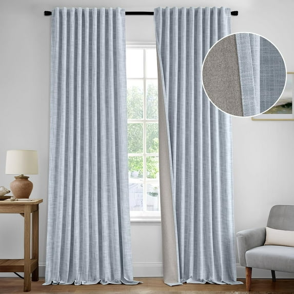 Light Blue 100% Blackout Linen Curtains 90 Inch 2 Panels Set Double Sided No Coating Pleated Back Tab Black Out Long Thermal Insulated Pinch Pleat Bedroom Living Room Darkening Window Drapes
