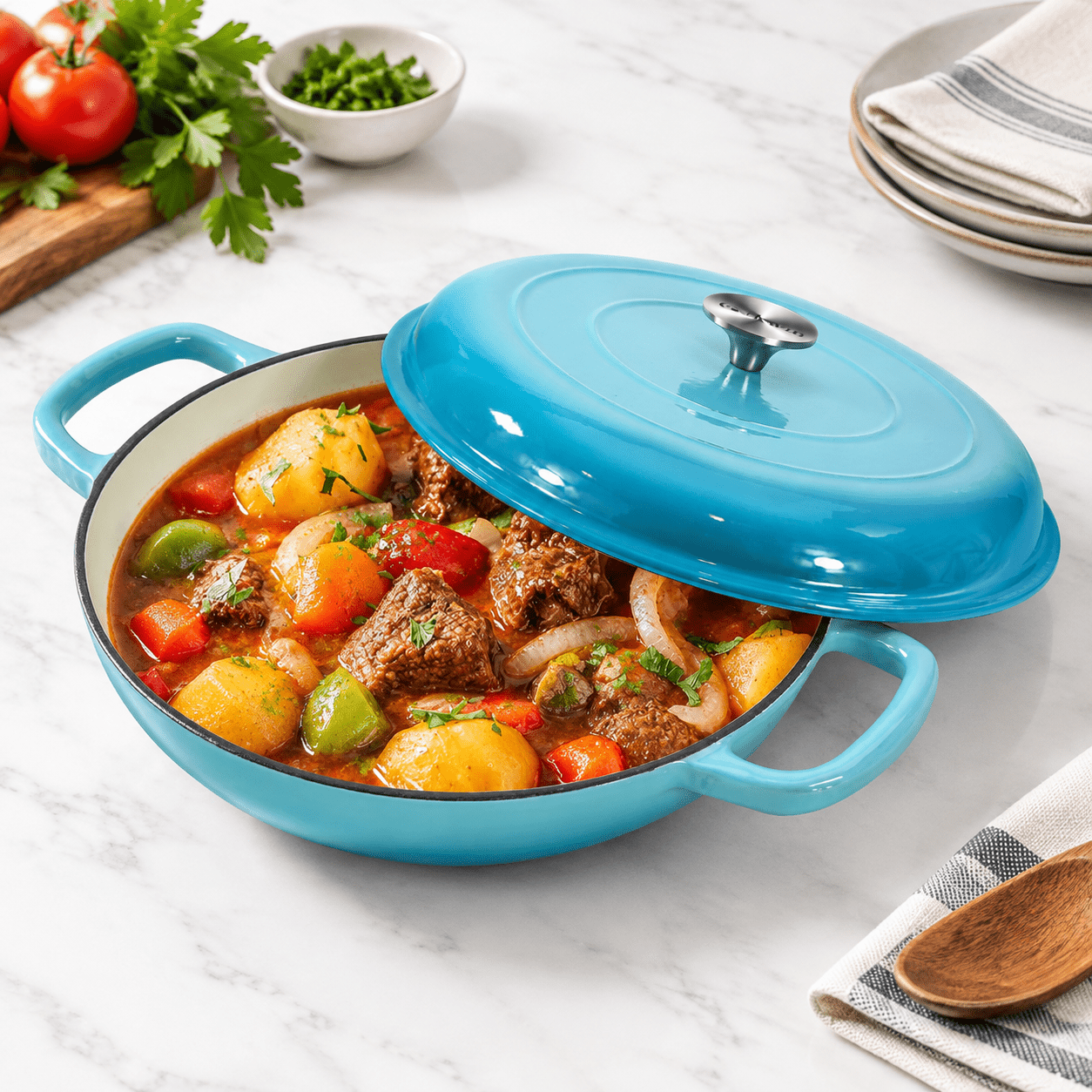 Light Blue Cookware Light Blue 3.8QT Cast Iron Enameled Casserole Braiser Cookware with Lid ...