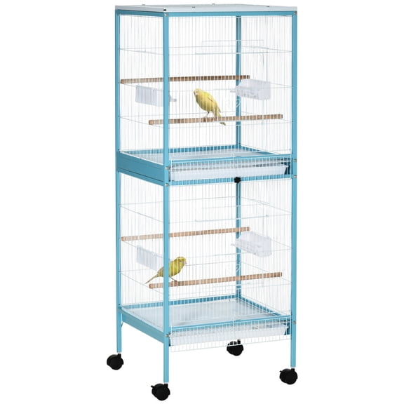 Light Blue 55" 2-in-1 Large Steel Bird Cage, Multi-Door Aviary with Rolling Stand and Slide-Out Trays