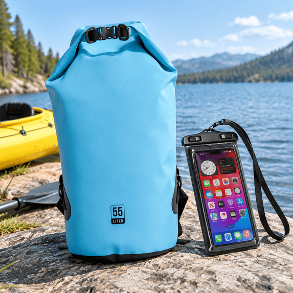 Light Blue 55L Waterproof Roll Top Dry Bag with IPX8 Phone Case for ...