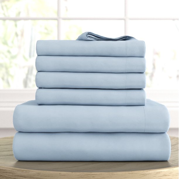 Noble Linens 6 Piece Solid Microfiber Bed Sheet Set, Light Blue, Queen