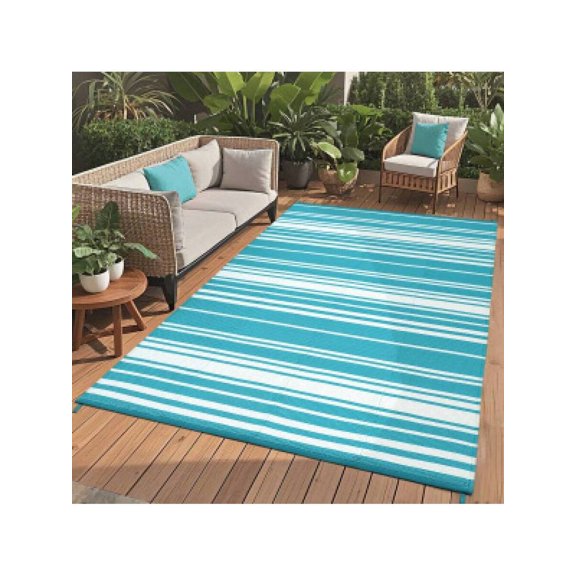 Light Blue 9x18ft (274x549cm) Outdoor Striped Rug, Waterproof Reversible Plastic Mat For Patio Deck Balcony