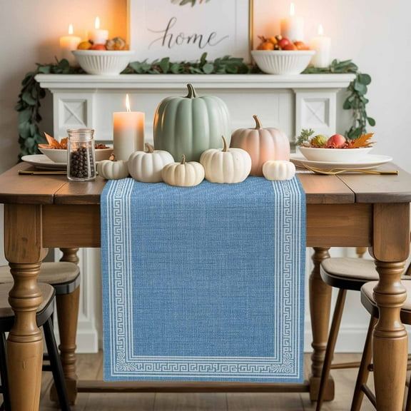 Light Blue Abstract Art Cotton Linen Table Runner, Washable Table Runners for Kitchen, Dining Room, Holiday, Home Party Table Decor, 13x90 Inches