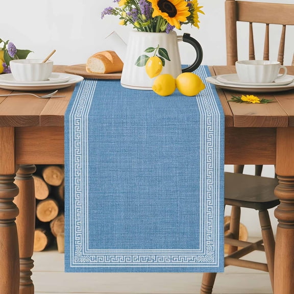 Light Blue Abstract Art Dining Table Runner, Vintage Linen Greek Key Geometric Washable Table Runners Kitchen Coffee Table Center Decor for Home Party Holiday Wedding 13 x 48 Inches