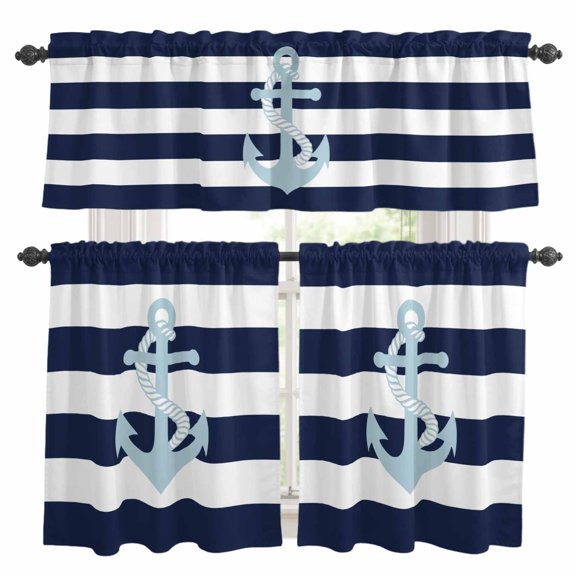 Light Blue Anchor Kitchen Curtains Valances and Tiers Set of 3 Navy Blue Striped Tier Curtains and Valance with Rod Pocket for Small Windows, 27.5"x24"