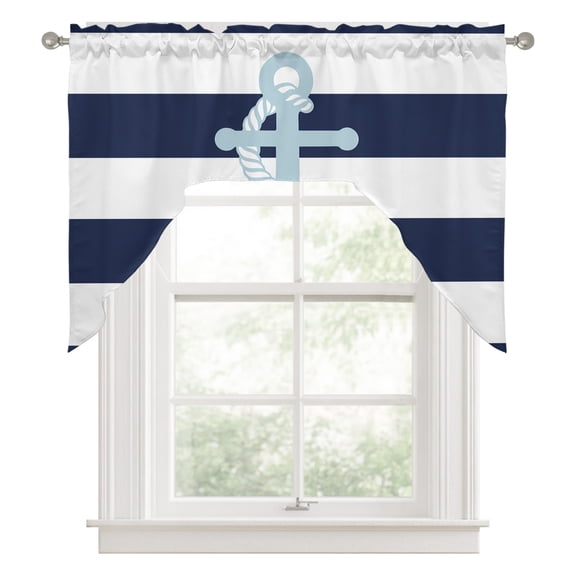 Light Blue Anchor Swag Valance for Windows, Navy Blue Striped Swag Curtains Valances for Small Window Treatment Rod Pocket for Kitchen Bathroom 1 Panel 56x36in