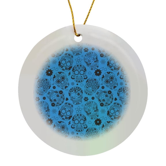 3drose, Light Blue and Black Sugars Skulls Pattern, Circle Porcelain Ornament