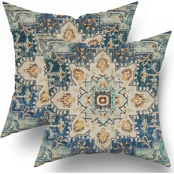 Light Blue Aqua Teal Boho Pillow Covers 18x18 Set of 2 Rustic Ethnic Carpet Pattern Geometric Vintage Floral Print Decorative Throw Pillows Fall Farmhouse Cushion Case Decor for Couch Sofa Bed