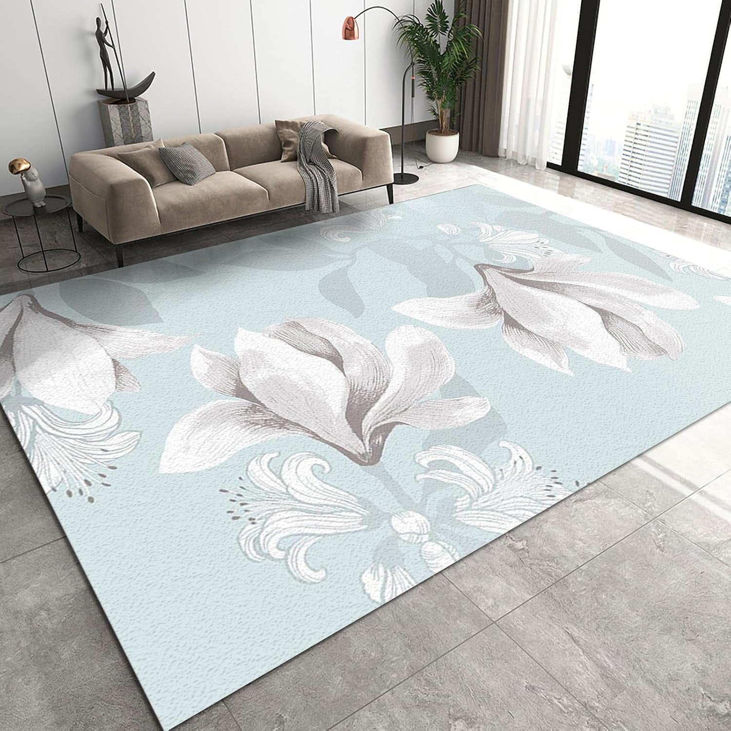 Light Blue Area Rugs, Hand Drawn Blooming White Magnolia Flower Hallway ...