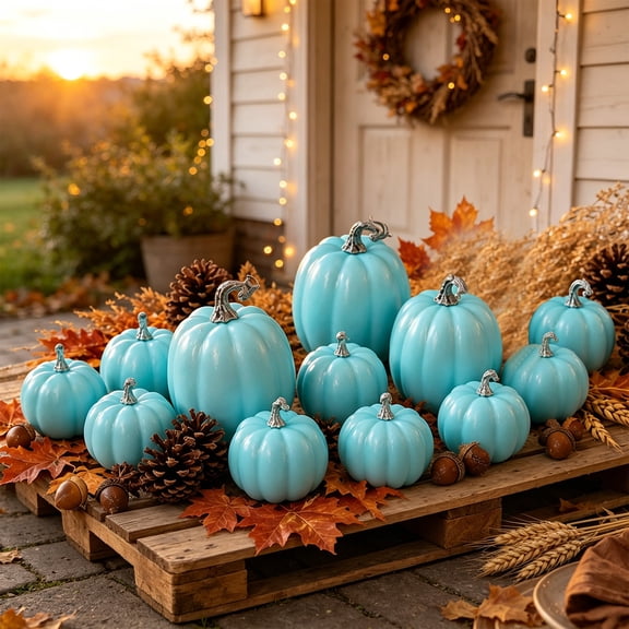 Light Blue Artificial Foam Pumpkins Decor, Assorted Sizes Pumpkin Set for Harvest Thanksgiving Tabletop Display