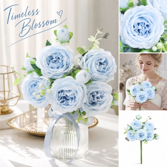 Light Blue Artificial Persian Rose Bouquet with 5 Large Blooms and 4 Buds, 12.6-Inch Faux Silk Flower Arrangement for Home and Wedding Table Decor