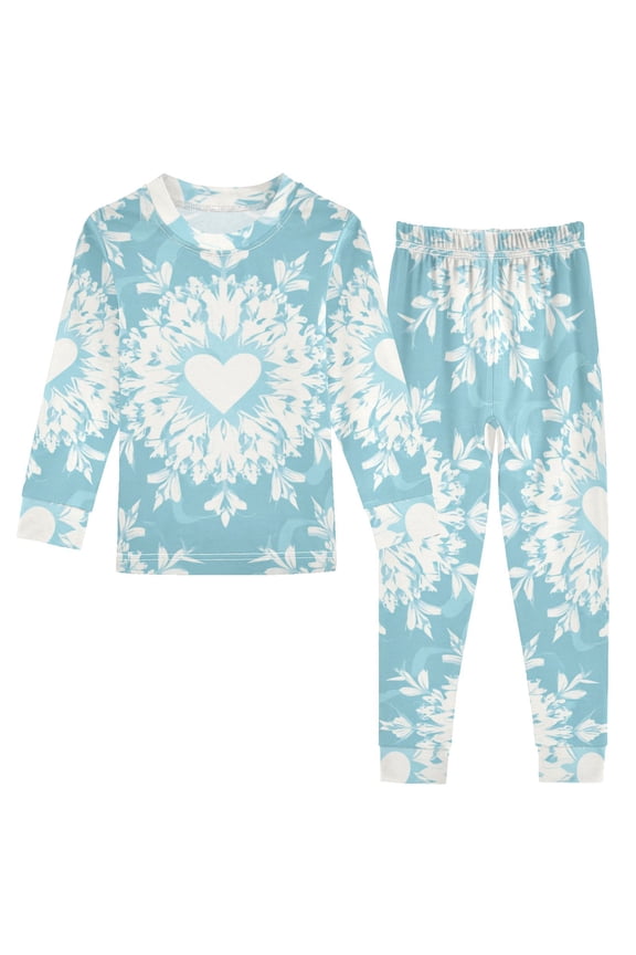 Light Blue Background Christmas Snowflakes with Hearts Cotton Pajama Set Long Sleeve Top and Pants Sleepwear Unisex 8Y