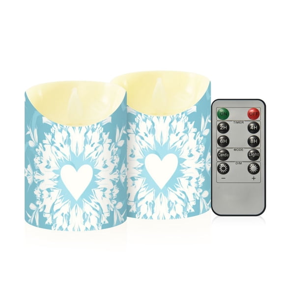 Light Blue Background Christmas Snowflakes with Hearts Flickering Flameless Candles with Remote Timer Battery Operated LED Tealight Set of 2 S