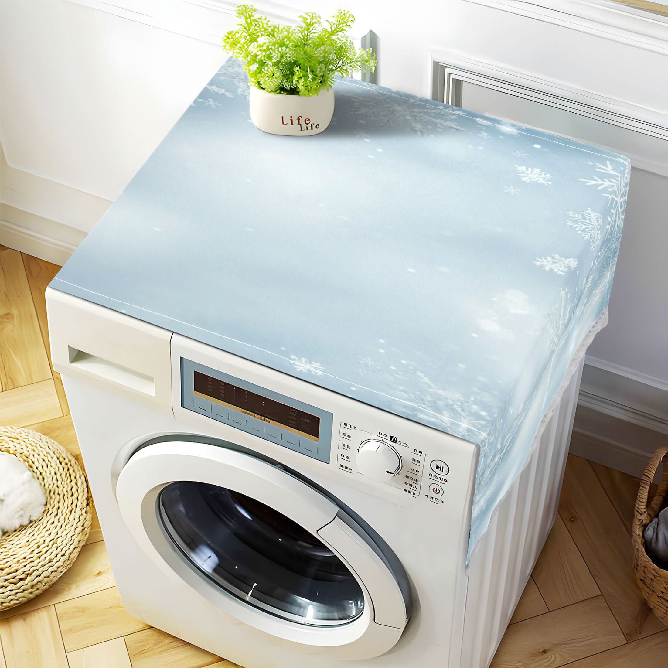 Light Blue Background with SnowflakesWasher and Dryer Covers Dust-Proof and Oil Resistant Fridge Cover with 4 Storage Pockets Washing Machine Top Cover for Laundry Kitchen Home 51.2 x 22 In