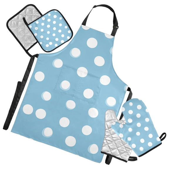 Light Blue Background White Dots Apron Set with Oven Mitts Pot Holders Set of 5 Kitchen Stuff Accessories
