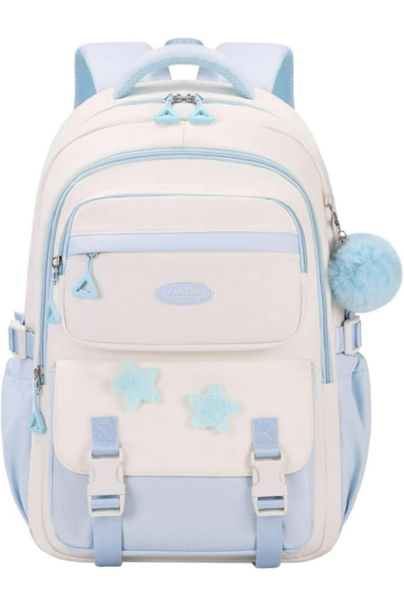 Light Blue Backpack, Bags Bookbag Backpack for student with Star Pins and Furry Pendant