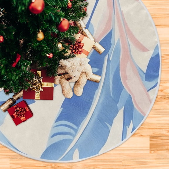 Light Blue Banana Leaf Christmas Tree Skirt Stand Mat Waterproof Floor Protection Mat for Holiday Decoration