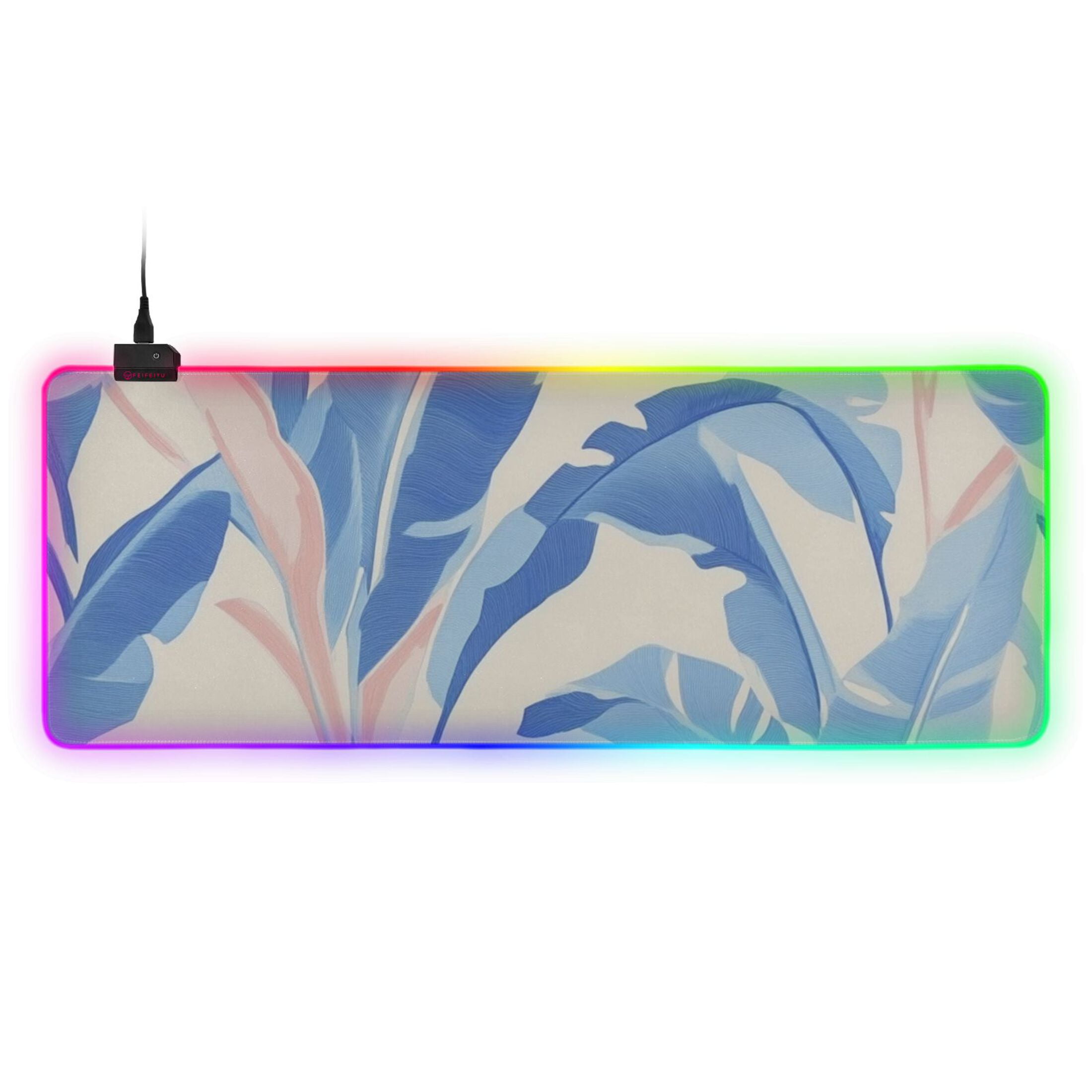 Light Blue Banana Leaf RGB Gaming Mouse Pad Large Keyboard Mat Rubber Base 13 Light Modes