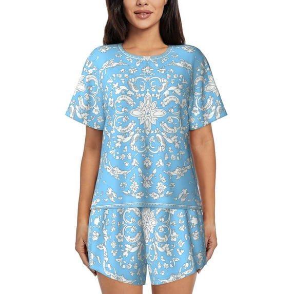 Light Blue Bandana Print Womens Pajamas Short Set Soft Short Sleeve Sleepwear Button Down Pjs Set with Pockets S XXL Large