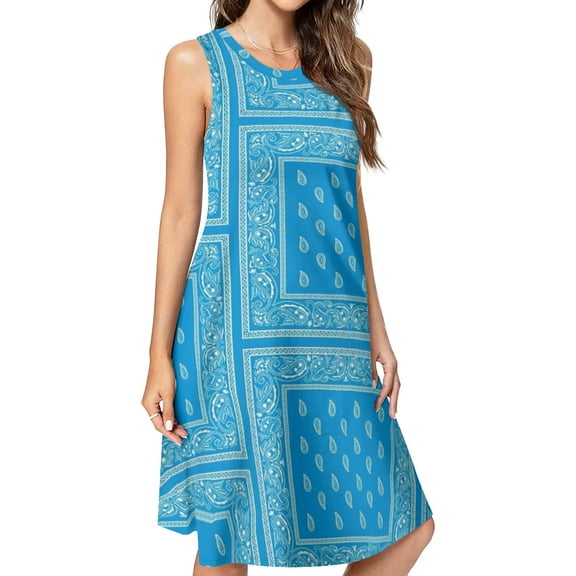 Light Blue Bandana Spring Summer Dresses for Women Fashion T-shirt Dress Casual Sleeveless Loose Sundress with Pockets